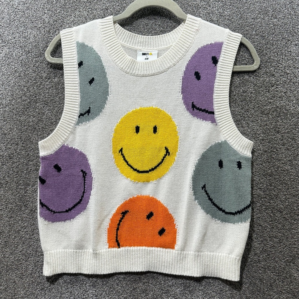 Smiley x H&M Sweater Vest Women Medium Cream Knit Happy Face Graphic Kidcore